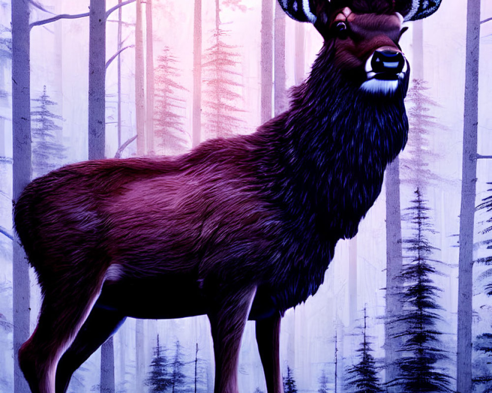 Snowy forest scene with majestic stag under pinkish light