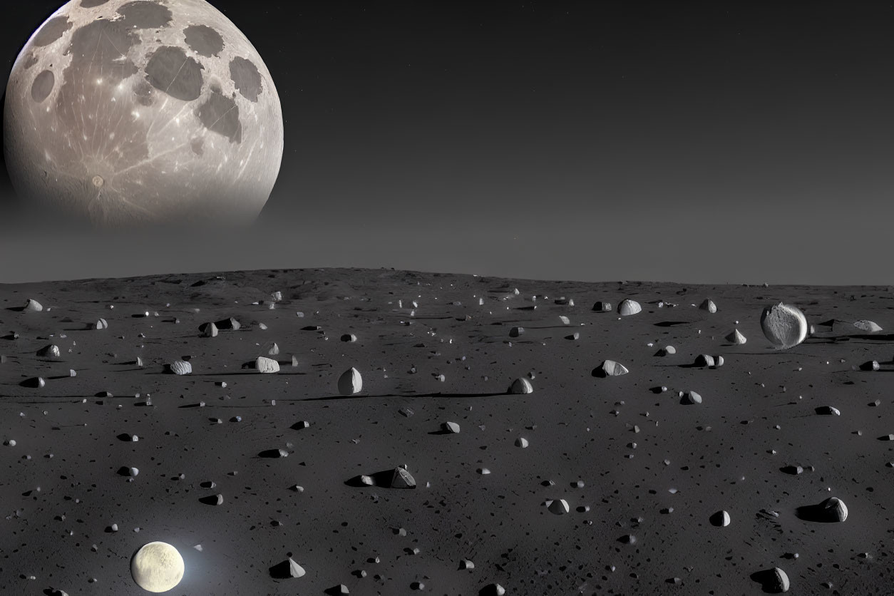 Detailed Lunar Landscape with Large Moon and Rocky Terrain