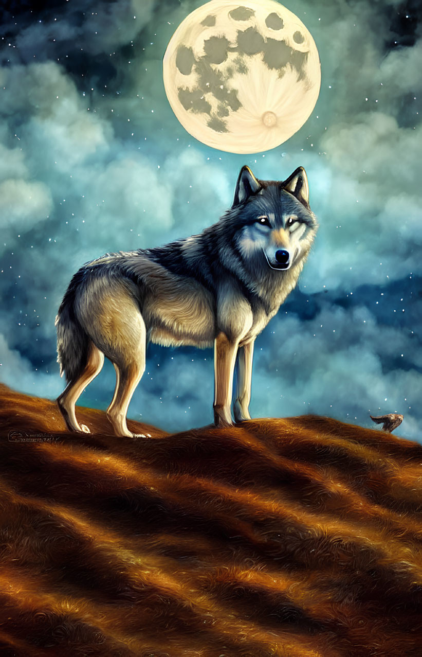 Wolf on hilltop under full moon and stars