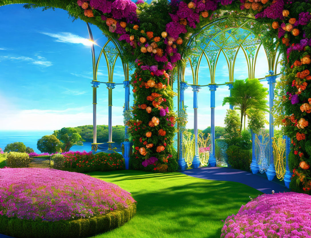 Serene Lake View with Vibrant Garden & Floral Archway