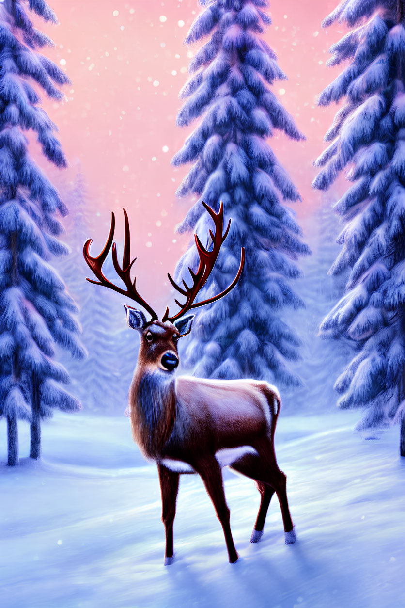 Majestic stag with large antlers in snowy forest at twilight