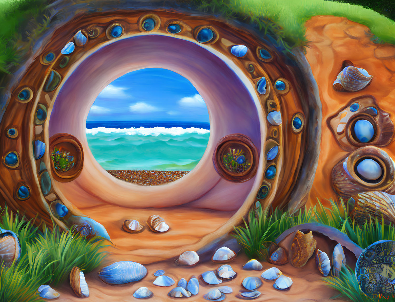 Illustration of round hobbit-like door on grassy hill by ocean