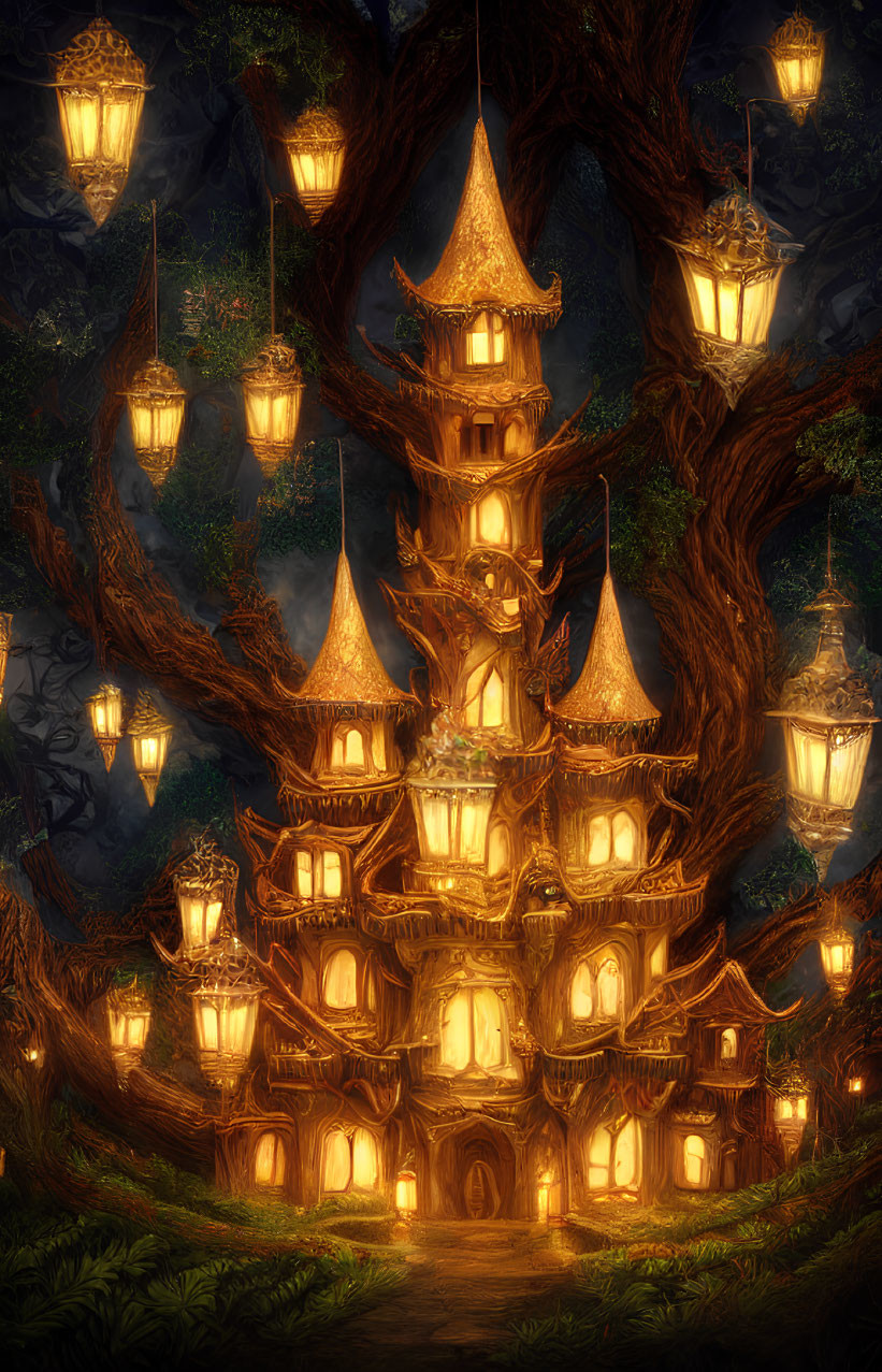 Enchanting multi-tiered treehouse with glowing lanterns in magical forest