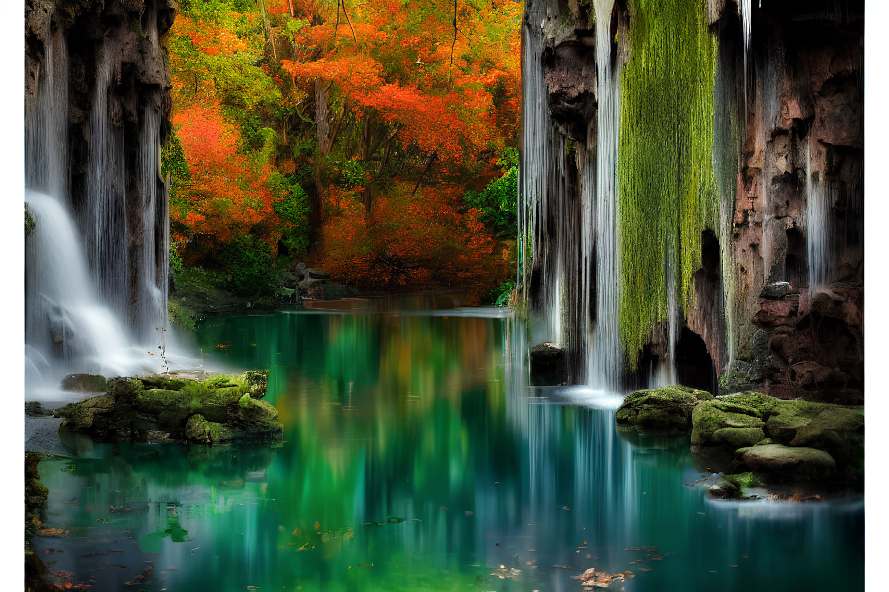 Serene waterfall oasis with moss, autumn leaves, and emerald waters