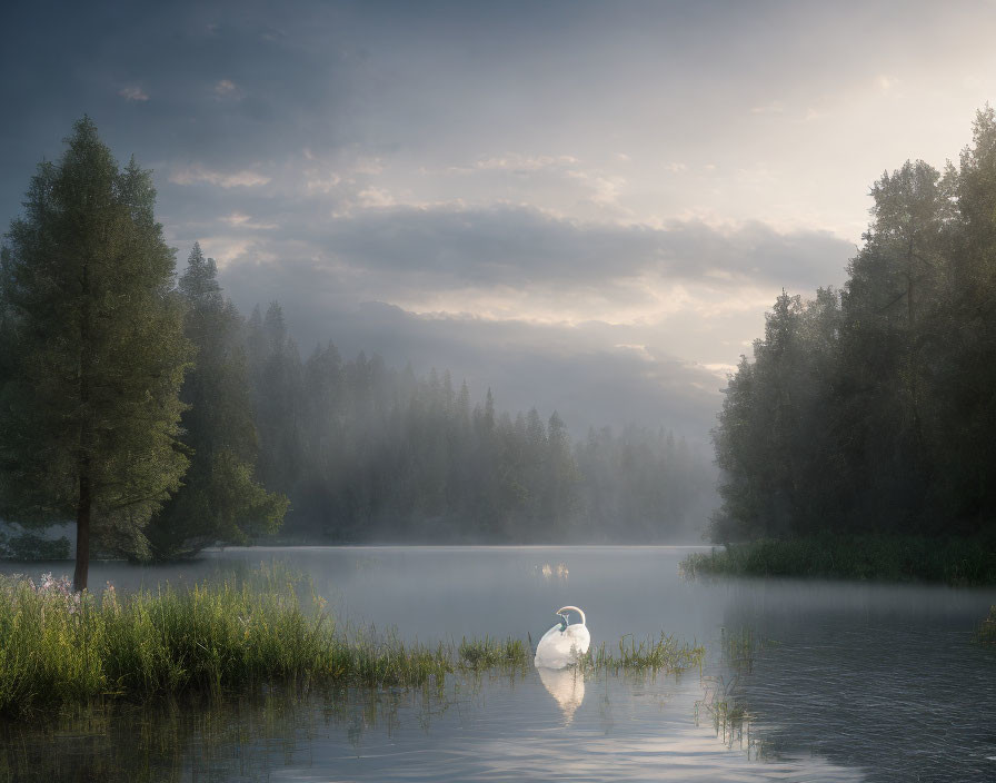 Tranquil misty lake scene with swan, lush trees, and morning sky