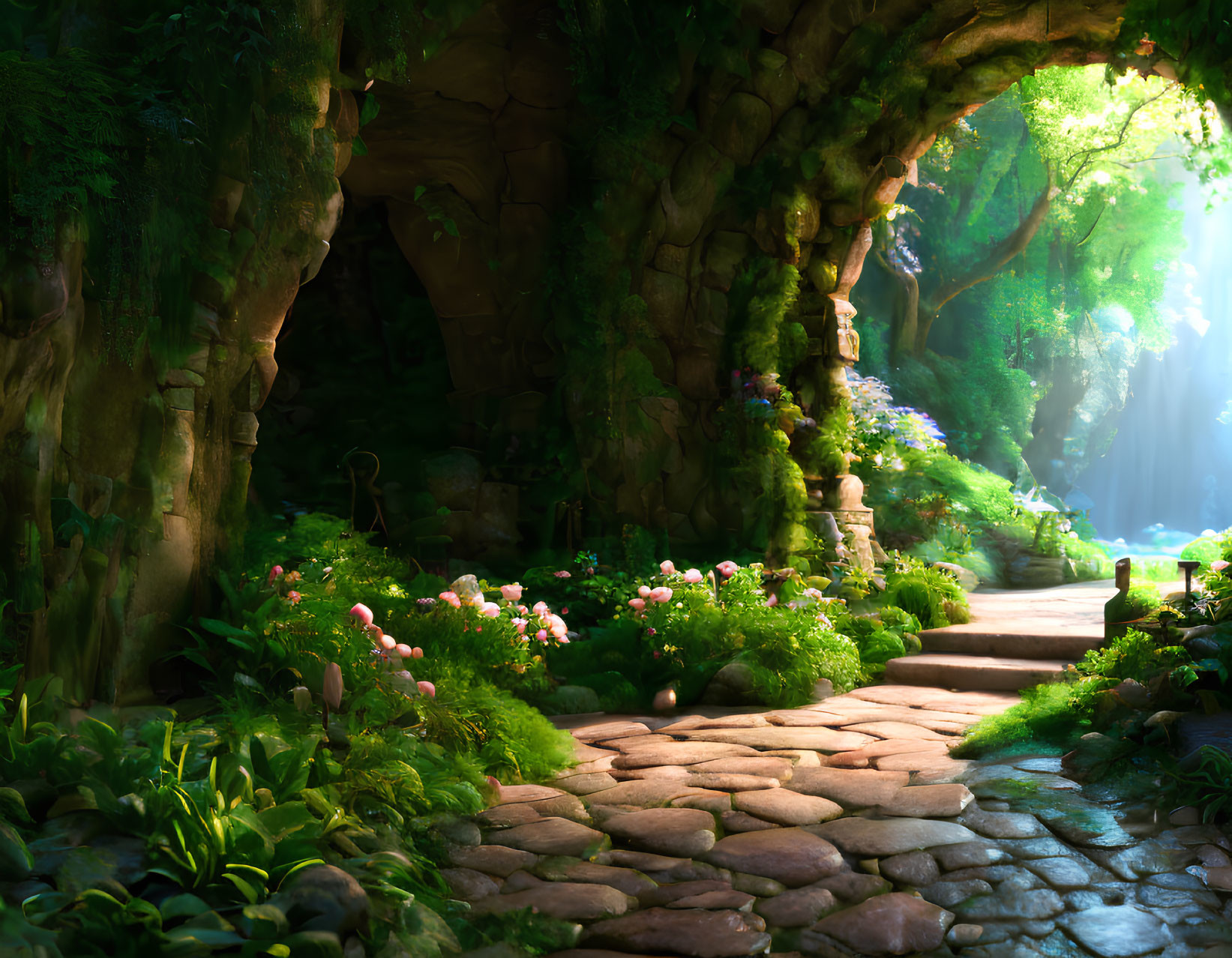 Enchanted forest pathway with lush greenery and vibrant flowers