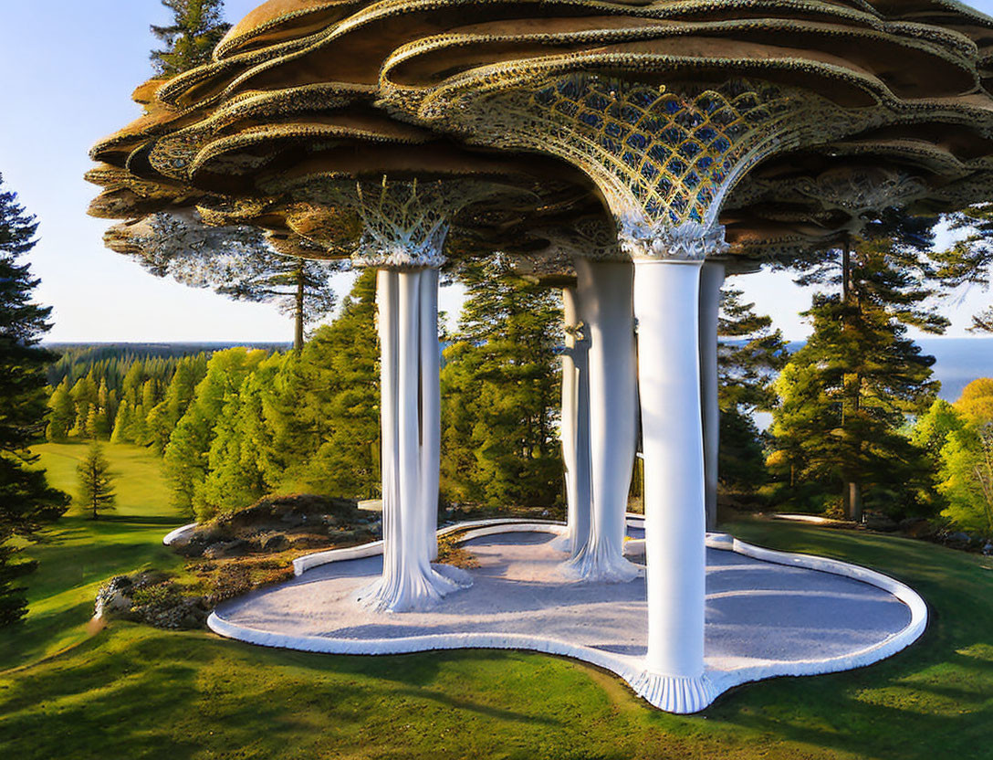 Futuristic mushroom-shaped structure with ornate lattice canopy in lush green forest