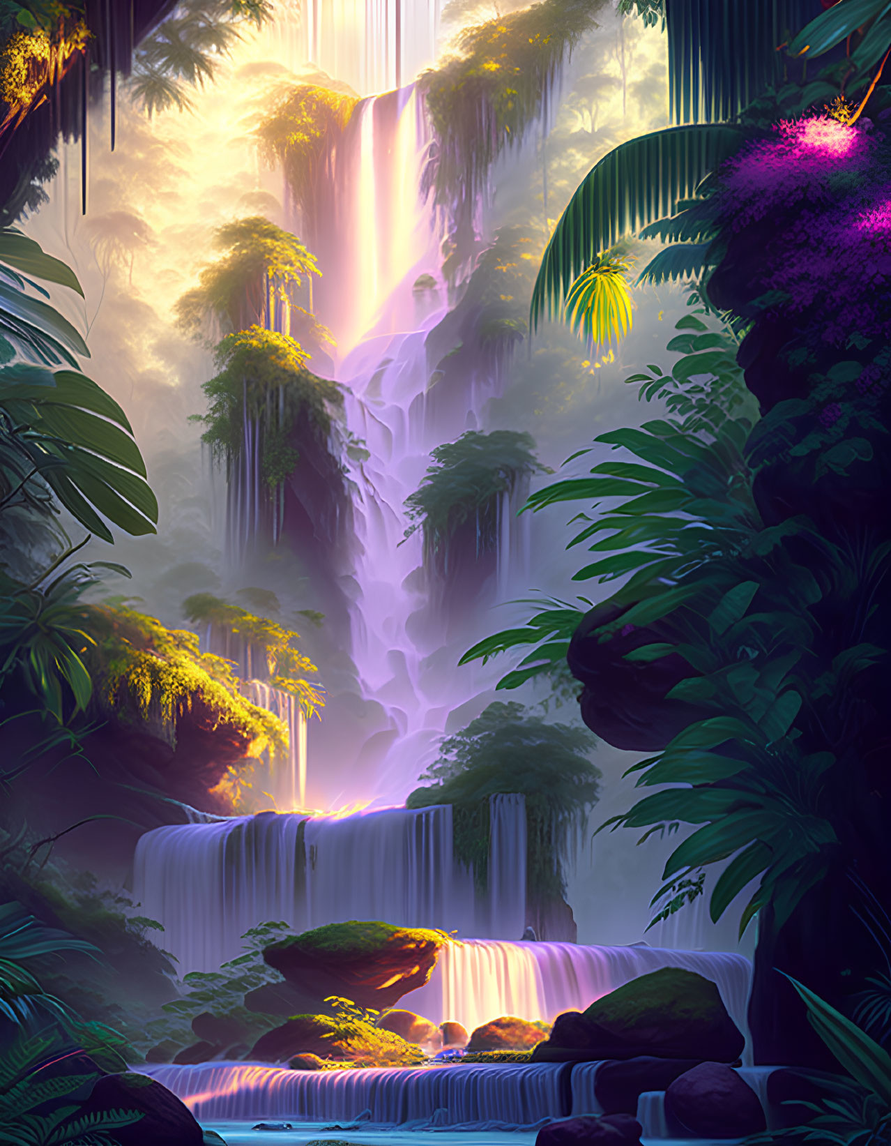 Majestic vibrant waterfall in lush tropical forest