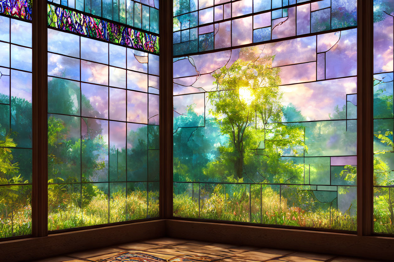 Colorful stained glass window in forest setting with sunlight patterns.