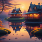 Tranquil Sunset Landscape with Traditional Houses and Water Reflections