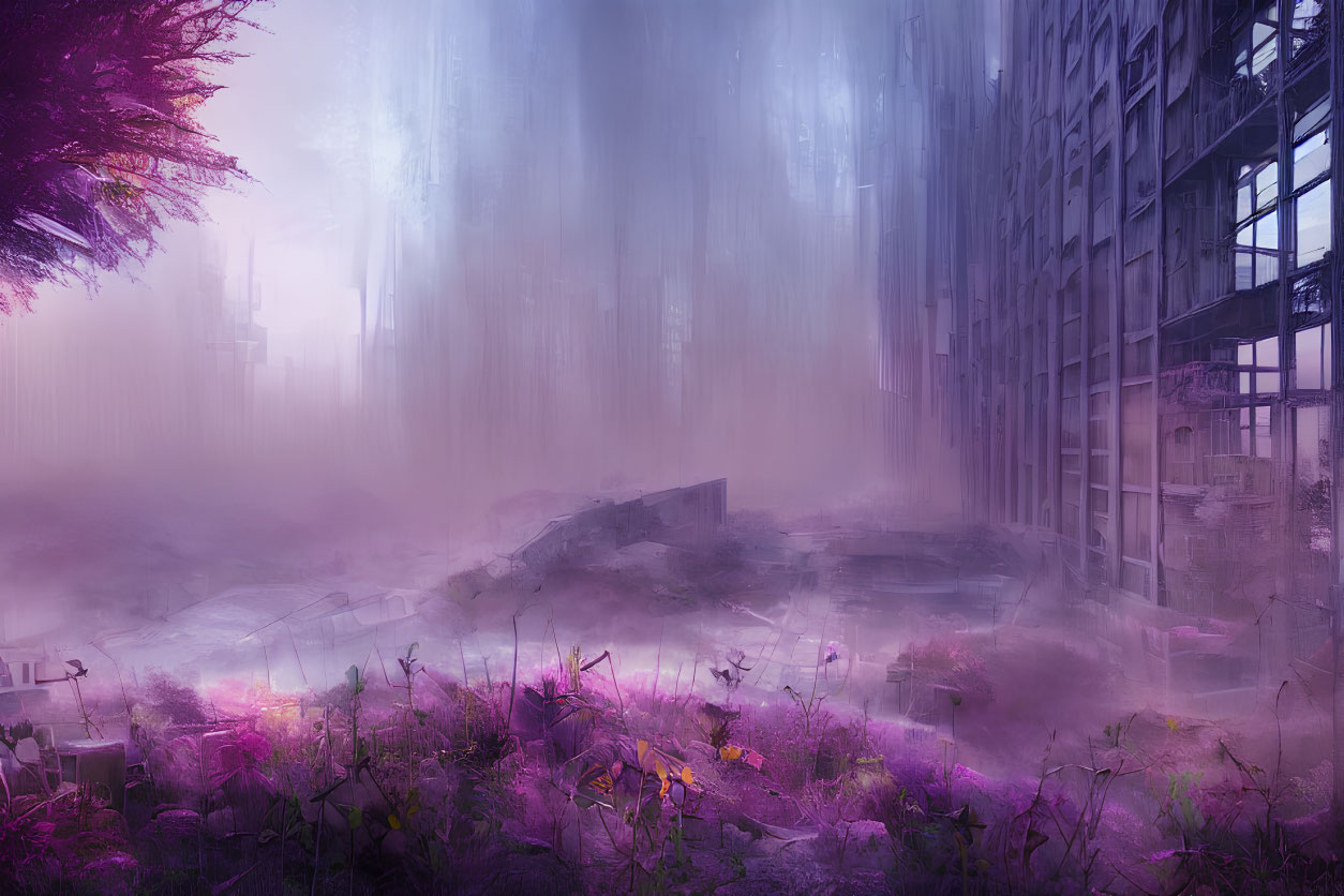 Mystical urban landscape with purple fog, skyscrapers, light trails, and vibrant flora.