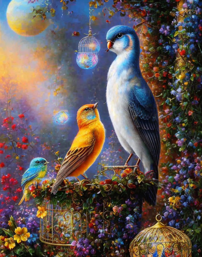 Colorful painting of fantastical blue bird, smaller birds, bubbles, and cages in lush landscape.