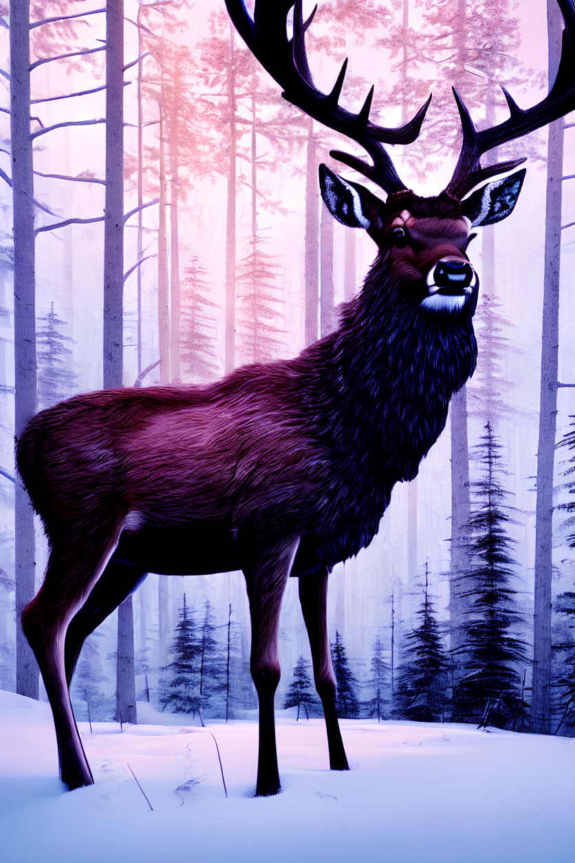 Snowy forest scene with majestic stag under pinkish light