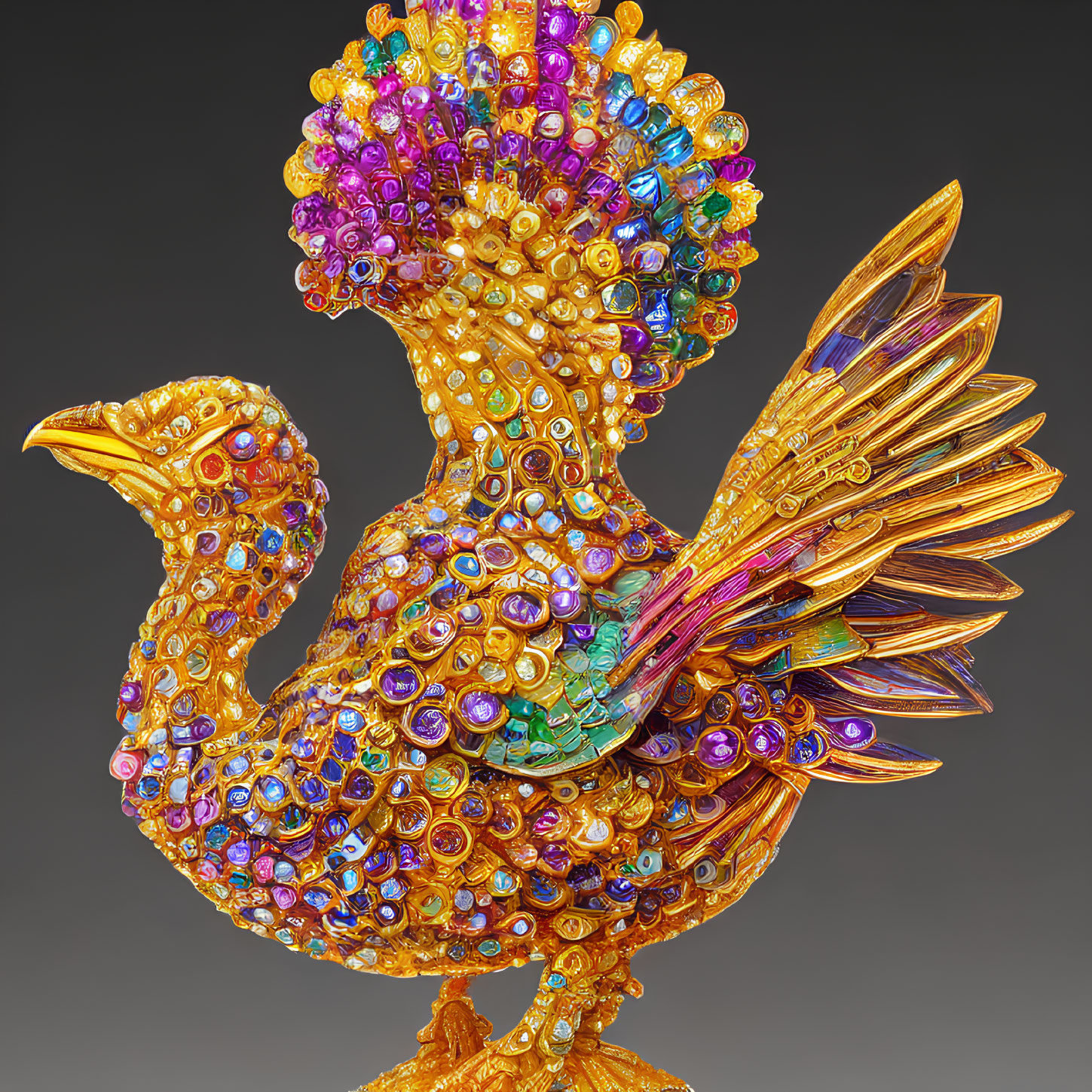 Colorful Peacock Sculpture with Jewels and Ornate Details