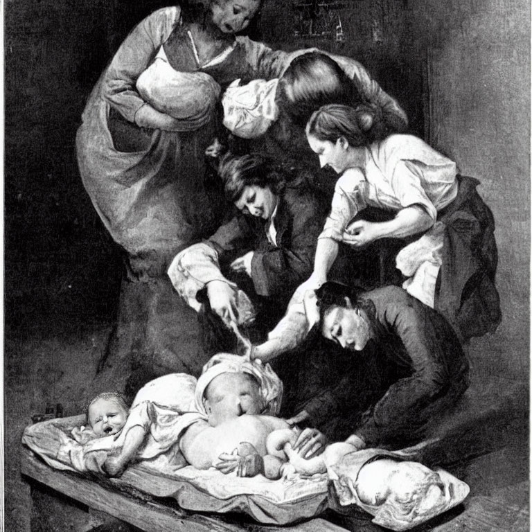 Vintage Black and White Illustration of Mother and Children with Babies