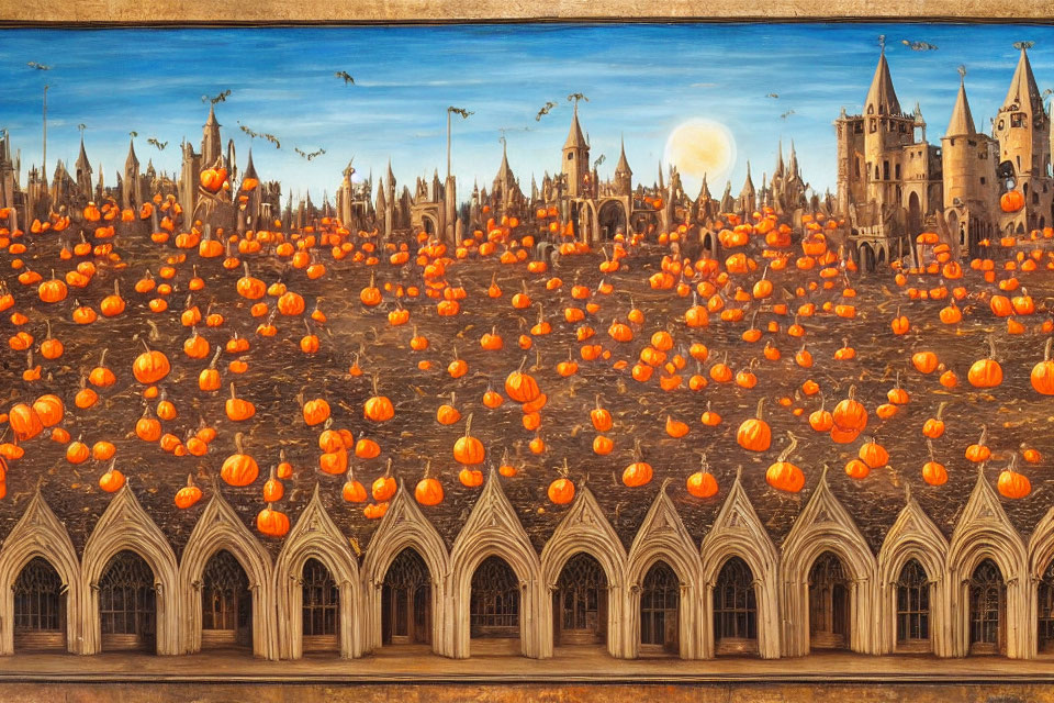 Medieval castle surrounded by floating pumpkins under a full moon