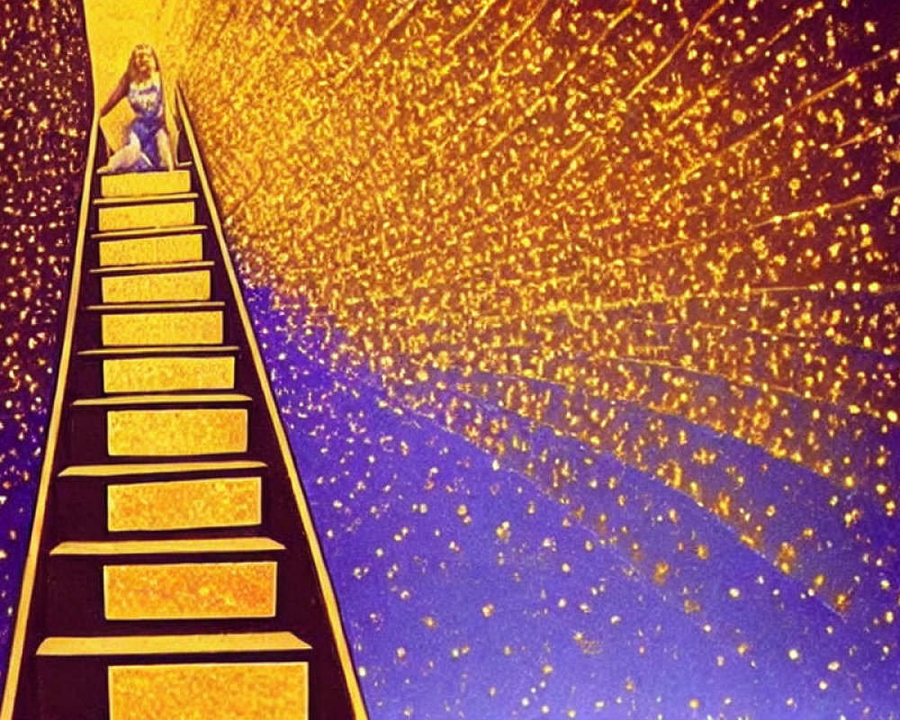 Person climbing surreal glowing staircase under starry sky