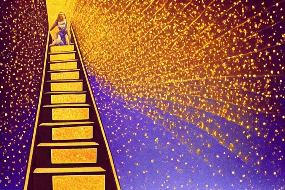 Person climbing surreal glowing staircase under starry sky