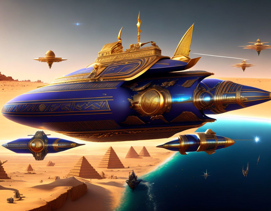 Futuristic spacecraft with Ancient Egyptian design elements flying over desert landscape