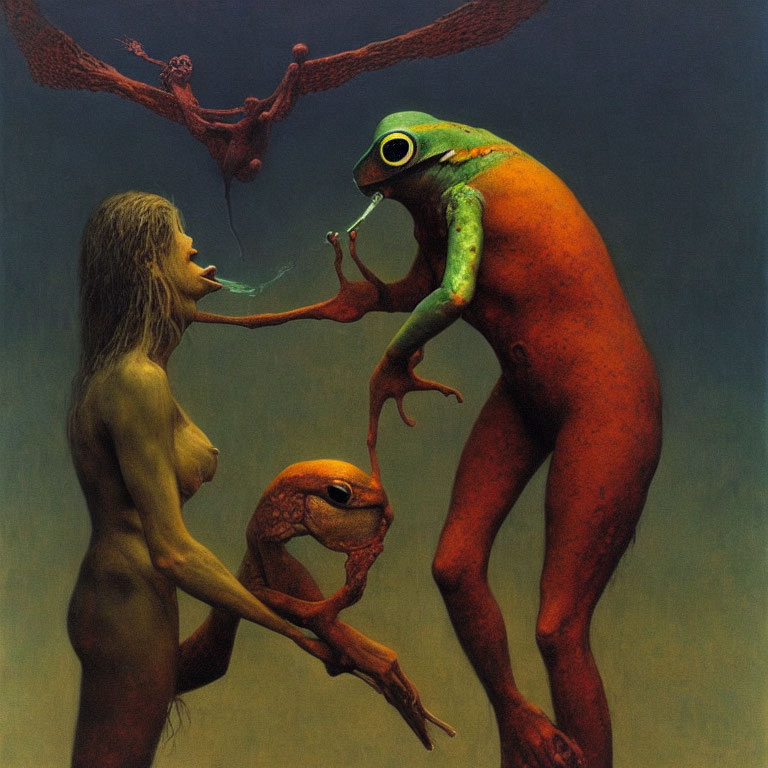 Surreal painting featuring frog-like creature, woman, and branch