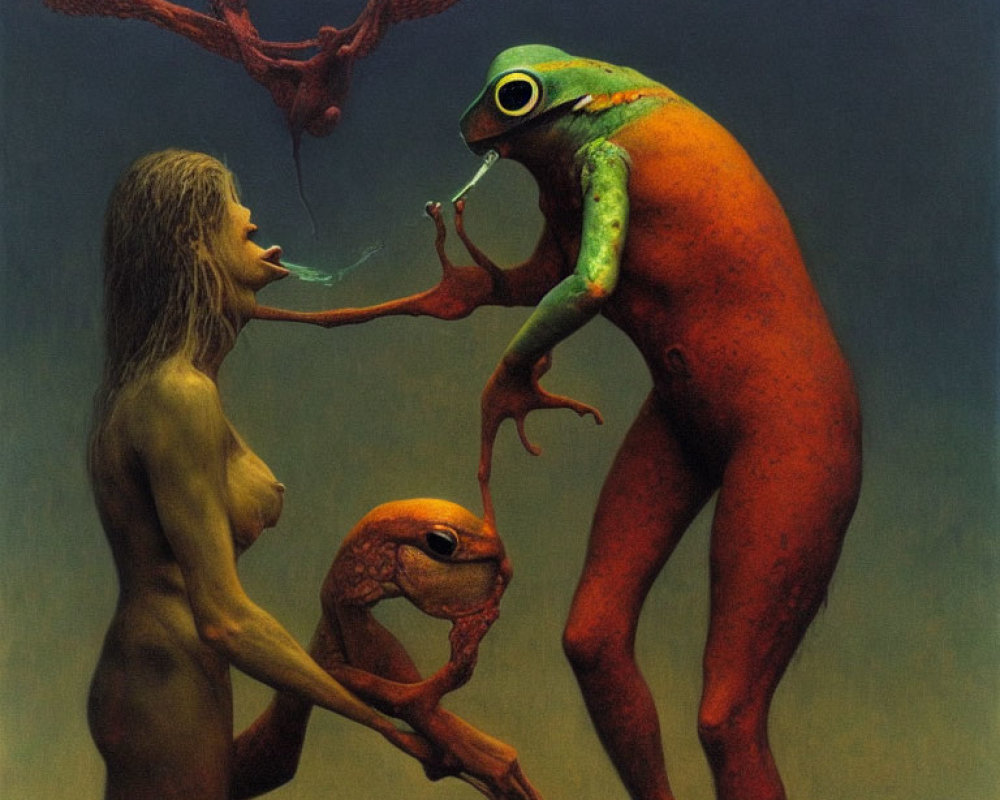 Surreal painting featuring frog-like creature, woman, and branch