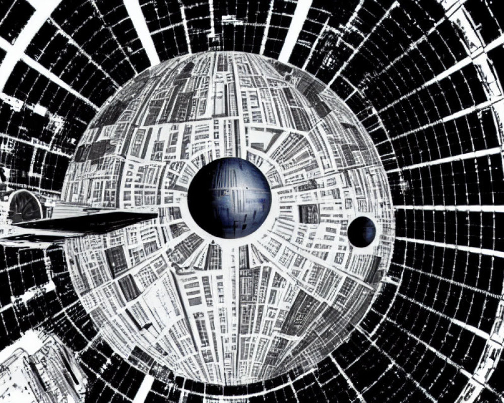 Digital artwork featuring Death Star and starfighter in cosmic setting