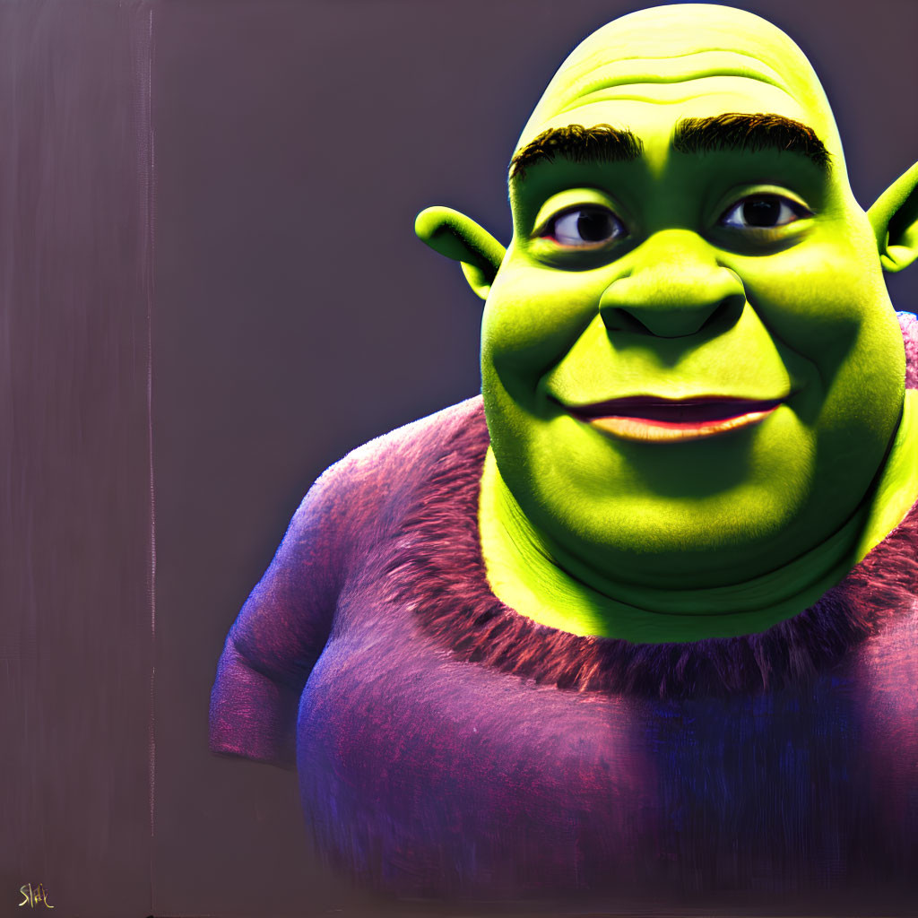 Stylized image of bald ogre with green skin and unique attire