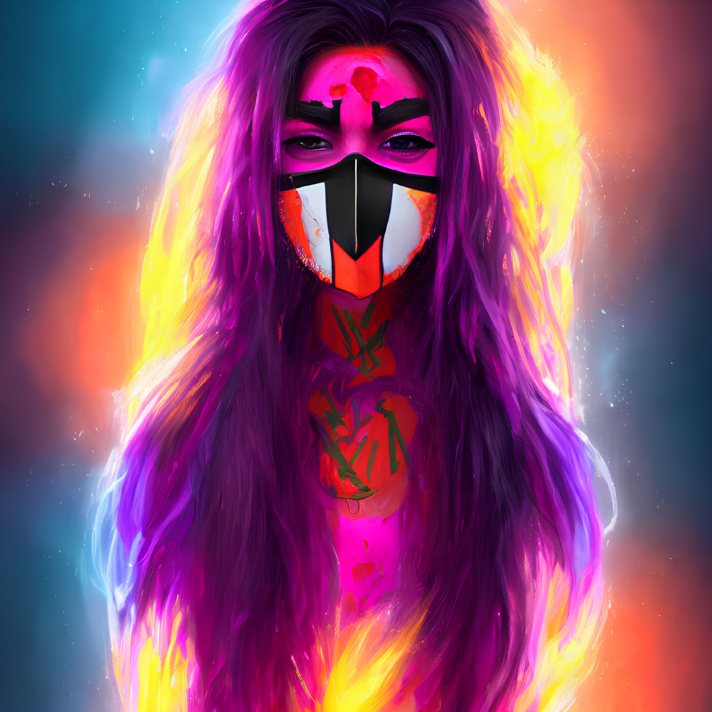 Colorful digital artwork: Long purple hair, vibrant mask, intense gaze on neon background