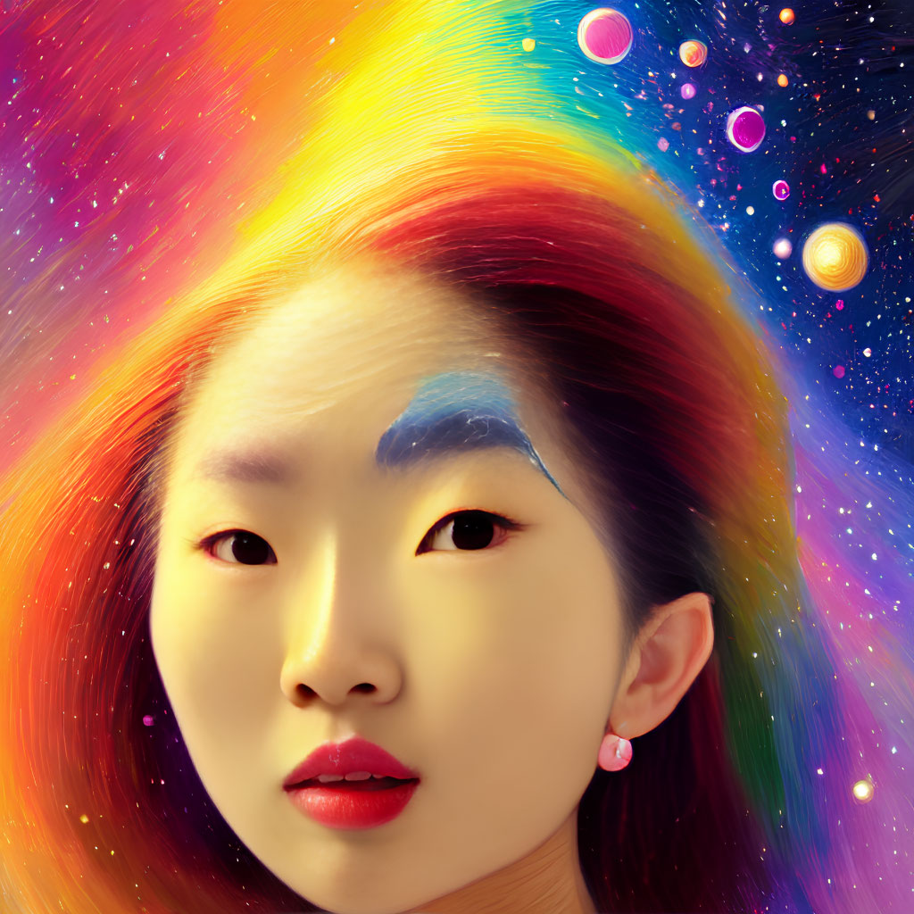 Vibrant cosmic background with woman's eyebrow painted in multicolor.