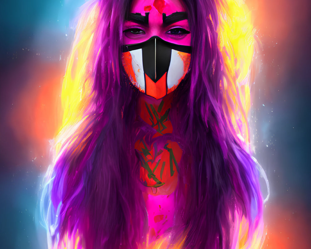 Colorful digital artwork: Long purple hair, vibrant mask, intense gaze on neon background