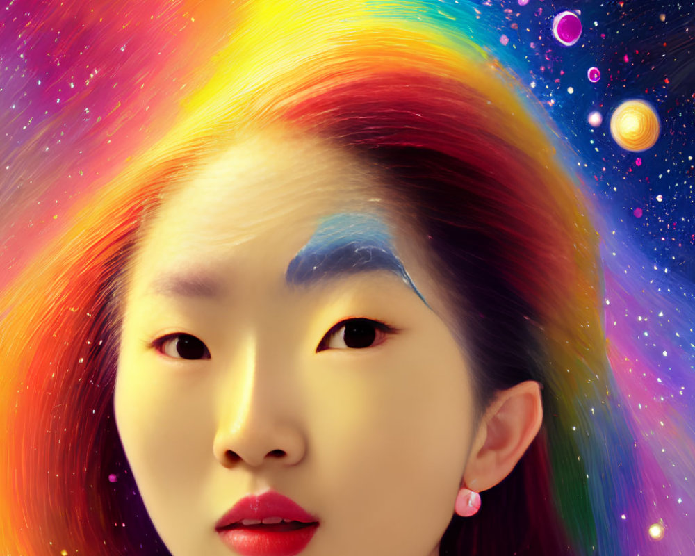 Vibrant cosmic background with woman's eyebrow painted in multicolor.