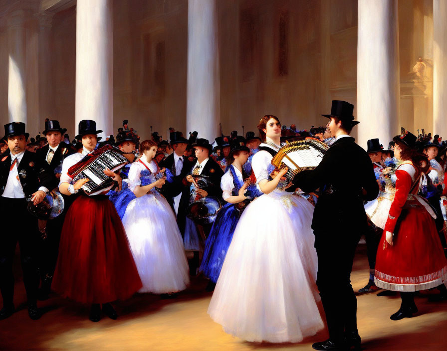 Elegant ballroom scene with dancing couples and accordion musicians