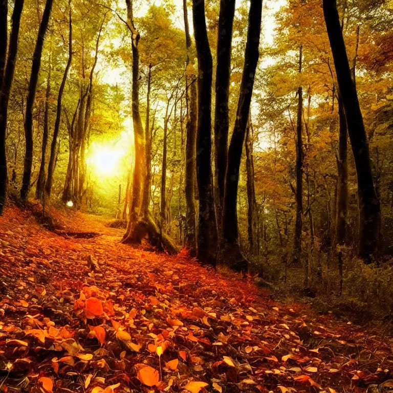 Autumn forest scene with golden sunlight filtering through tall trees