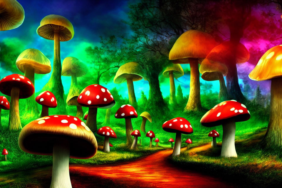 Fantasy forest with oversized mushrooms and colorful sky