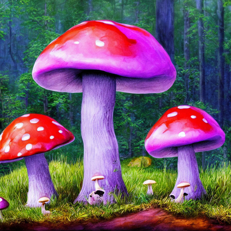 Colorful Fantasy Forest Scene with Oversized Red-Capped Mushrooms