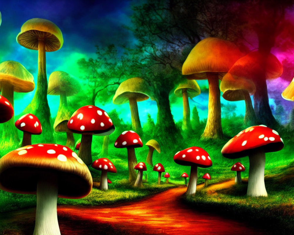 Fantasy forest with oversized mushrooms and colorful sky