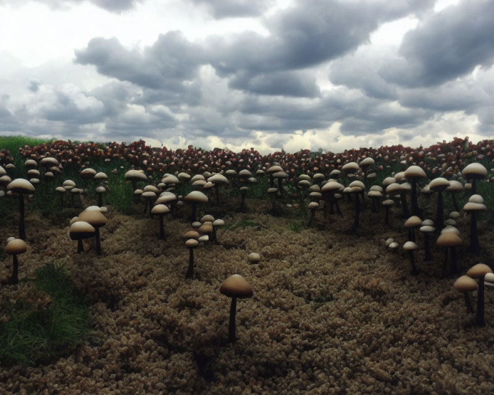 Artificial mushroom field on fluffy bed under cloudy sky