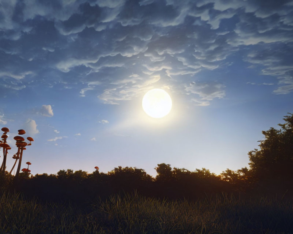 Sunny day with blue sky, clouds, greenery, and wildflowers