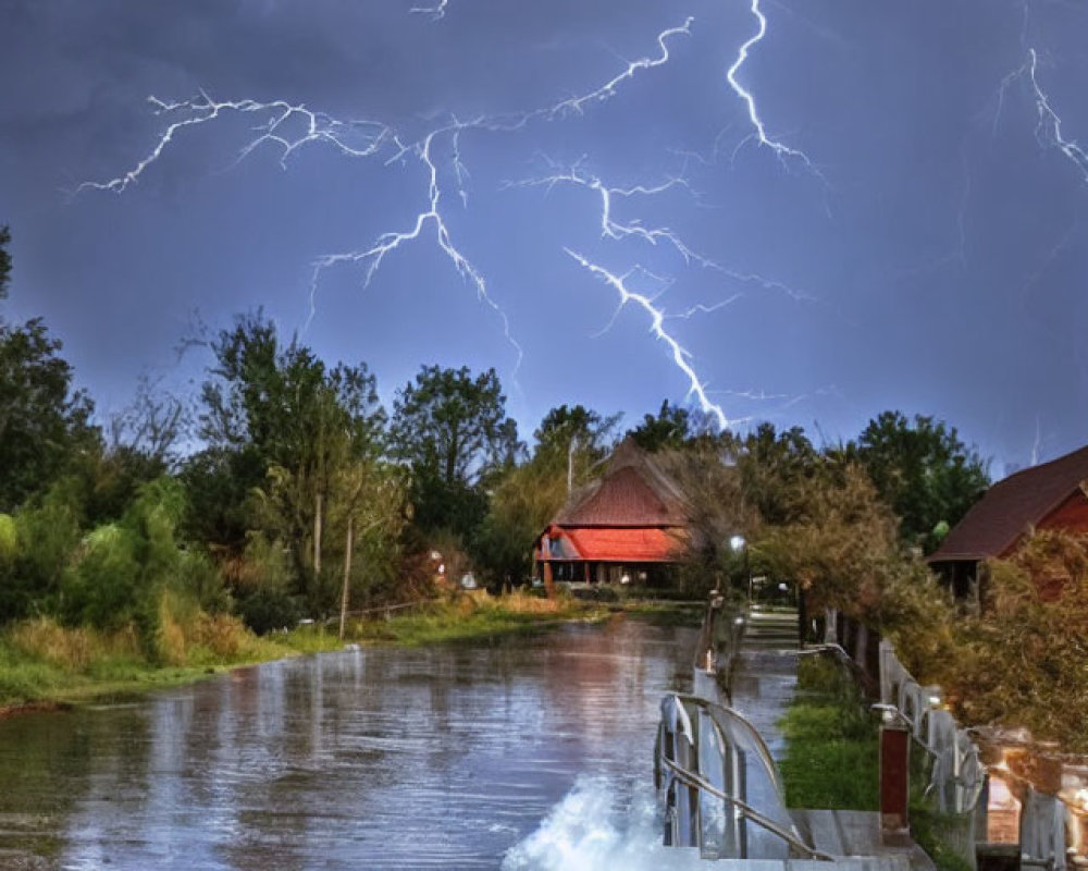 Night sky lightning over riverside with traditional buildings and bridge