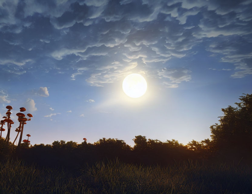 Sunny day with blue sky, clouds, greenery, and wildflowers