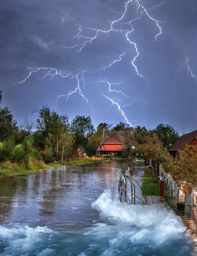 Night sky lightning over riverside with traditional buildings and bridge