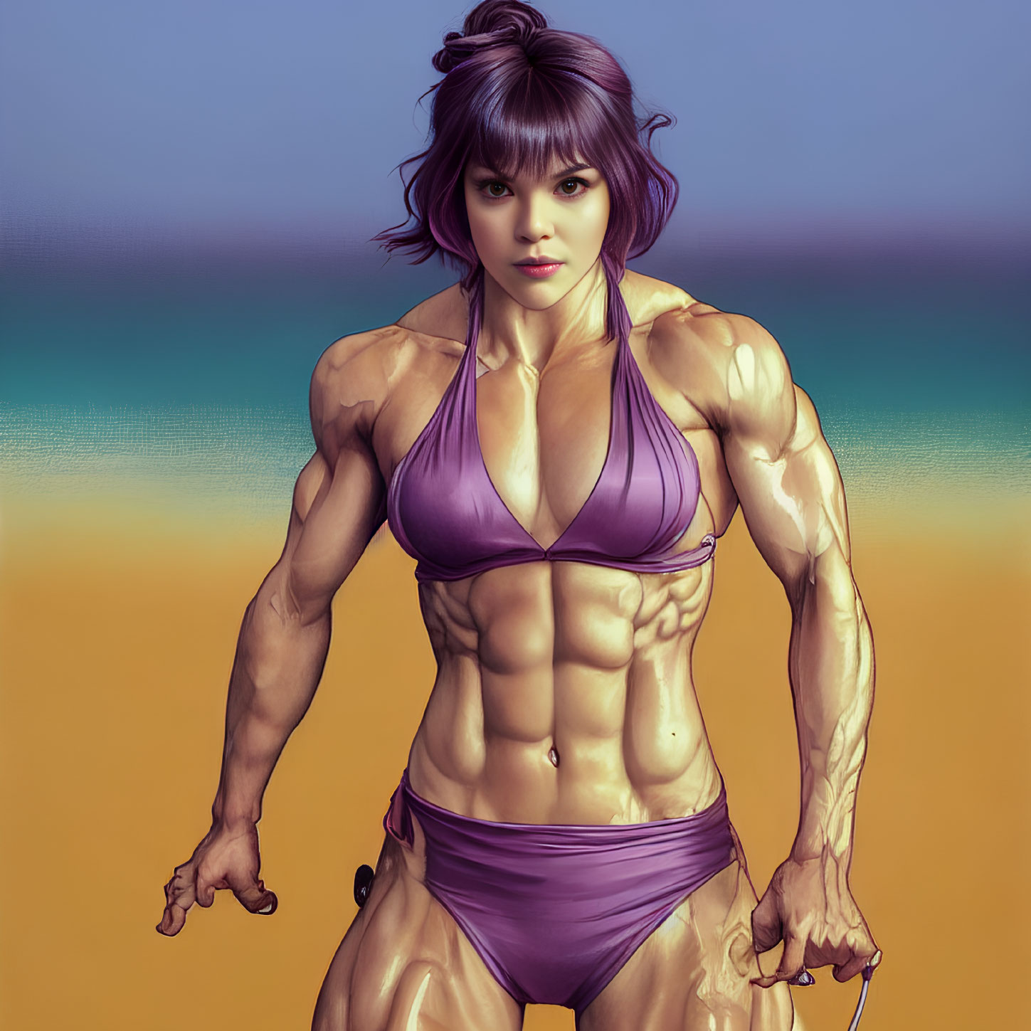 Muscular Woman in Purple Bikini with Short Hair on Gradient Background