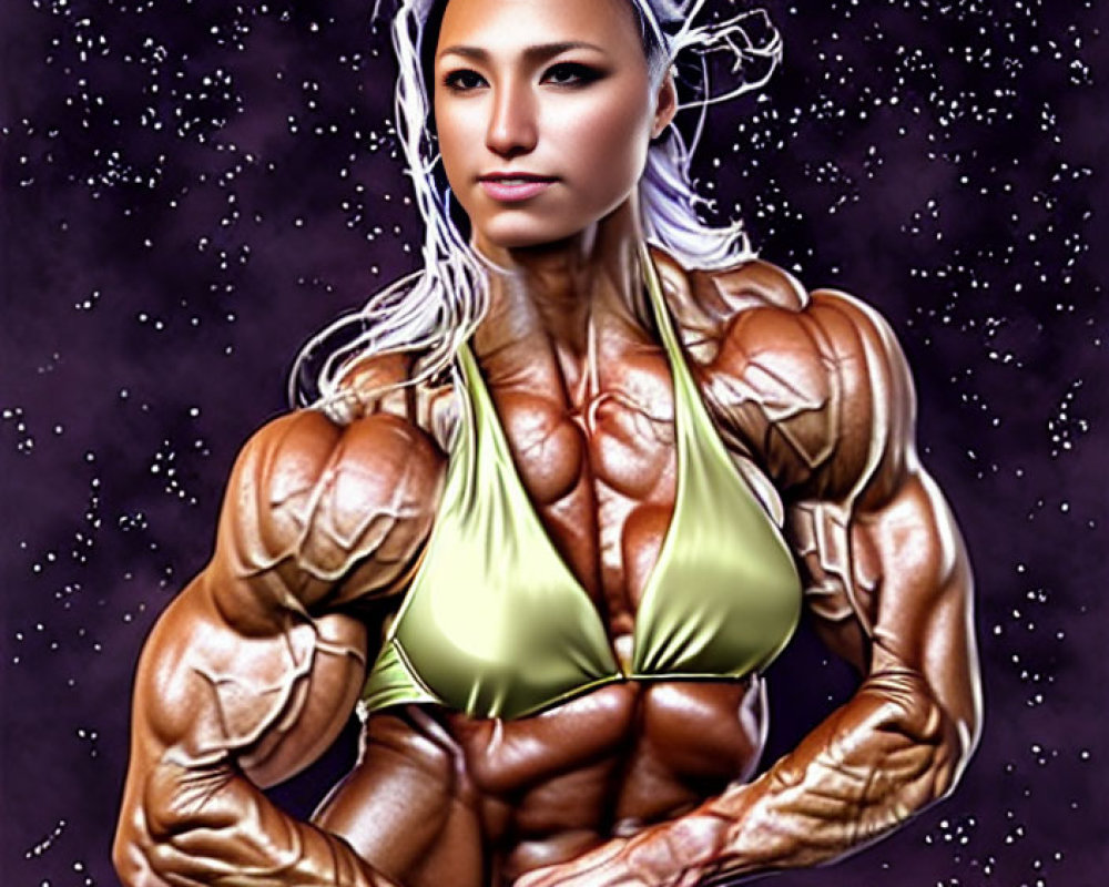 Muscular female bodybuilder in green bikini on purple starry backdrop