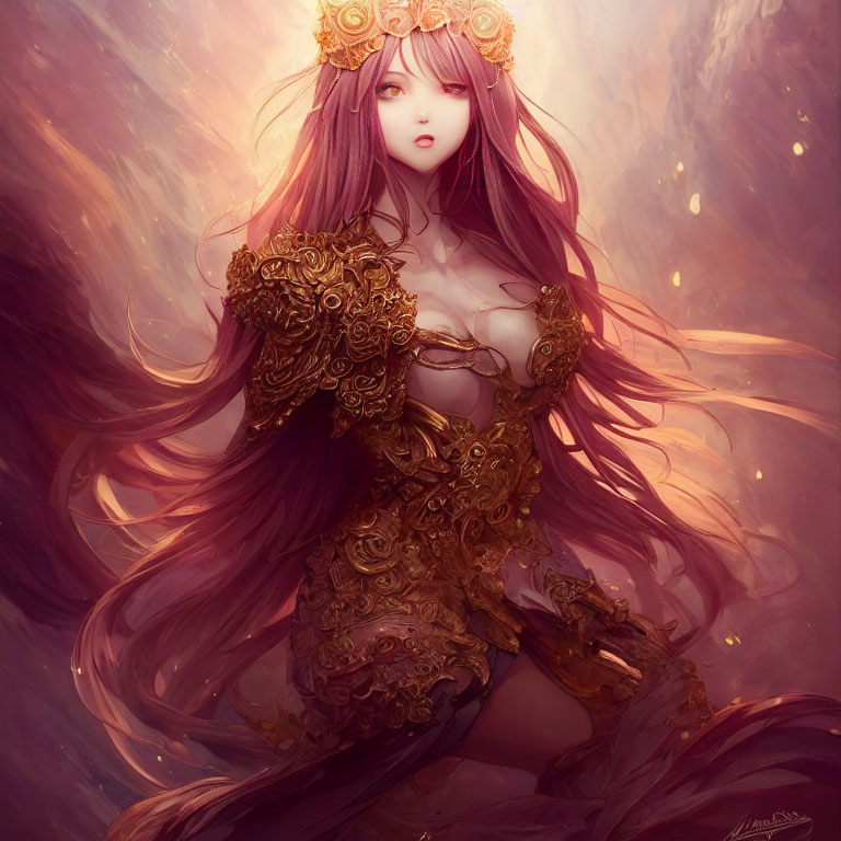 Ethereal female character in golden armor with flowing brown hair