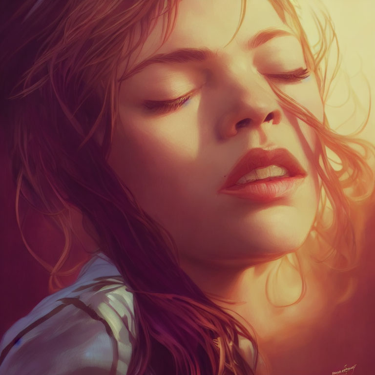 Woman with Closed Eyes in Digital Painting: Sun-Kissed Skin, Wavy Hair