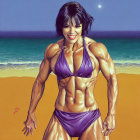 Muscular Woman in Purple Bikini with Short Hair on Gradient Background