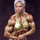 Muscular female bodybuilder in green bikini on purple starry backdrop