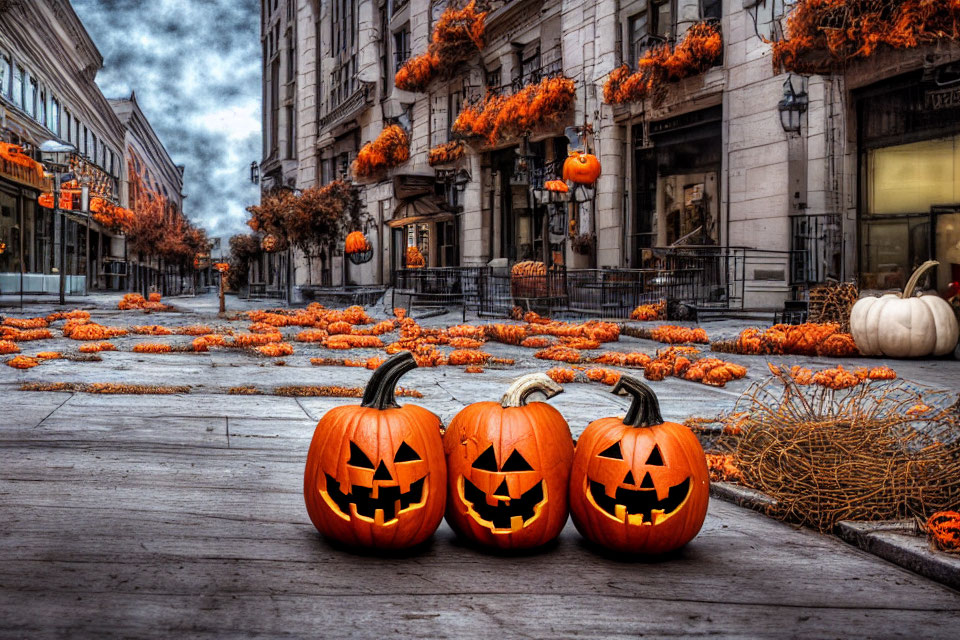 Three Halloween pumpkins on city sidewalk with autumn decorations and fallen leaves.