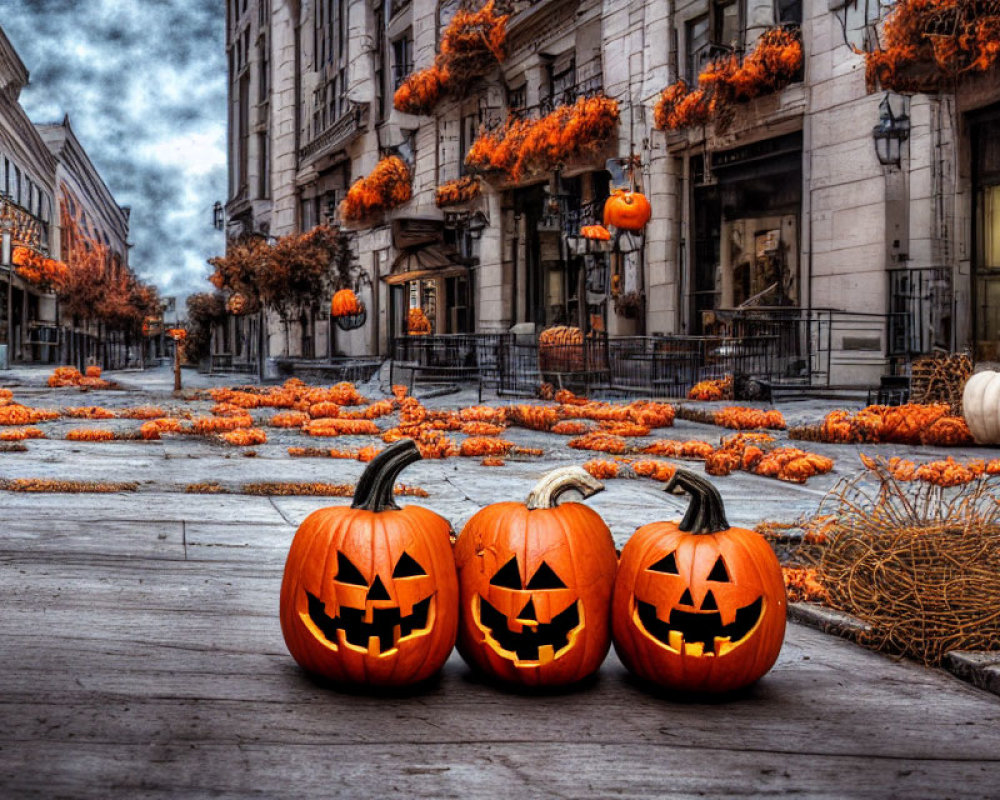 Three Halloween pumpkins on city sidewalk with autumn decorations and fallen leaves.