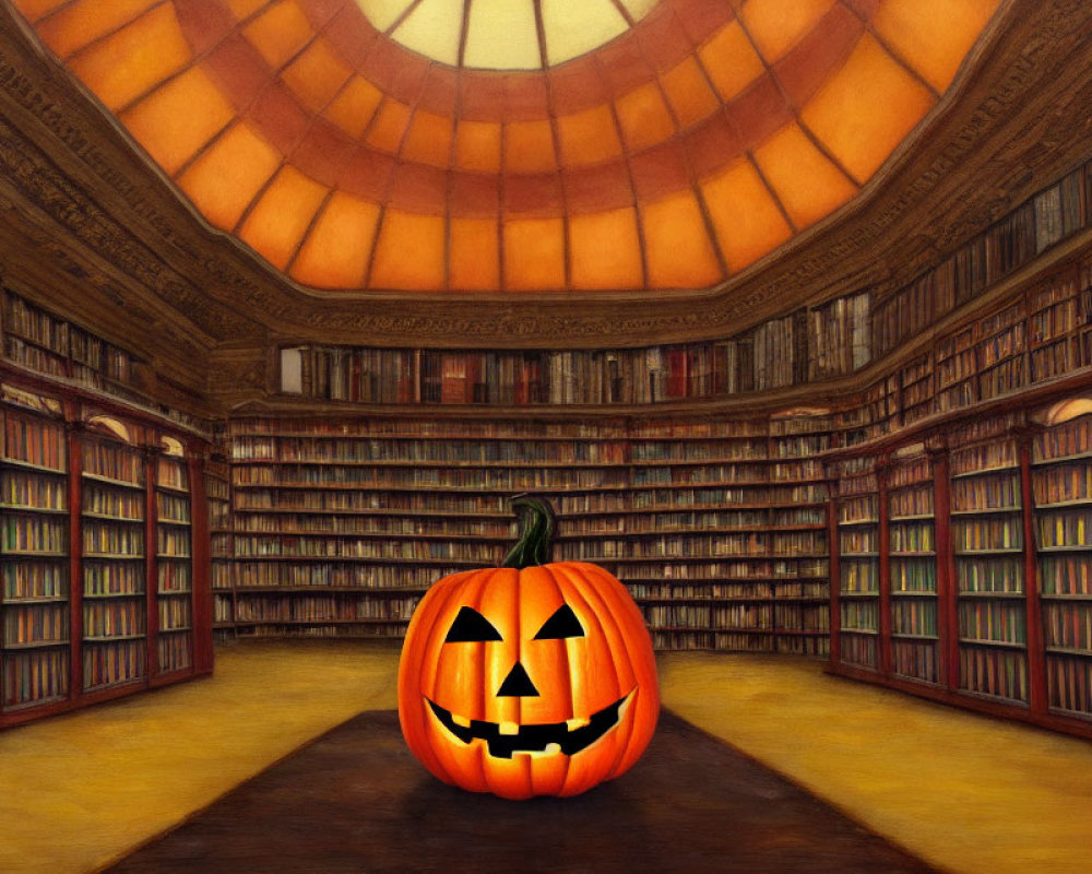 Glowing jack-o'-lantern in oval-domed library with wooden bookshelves